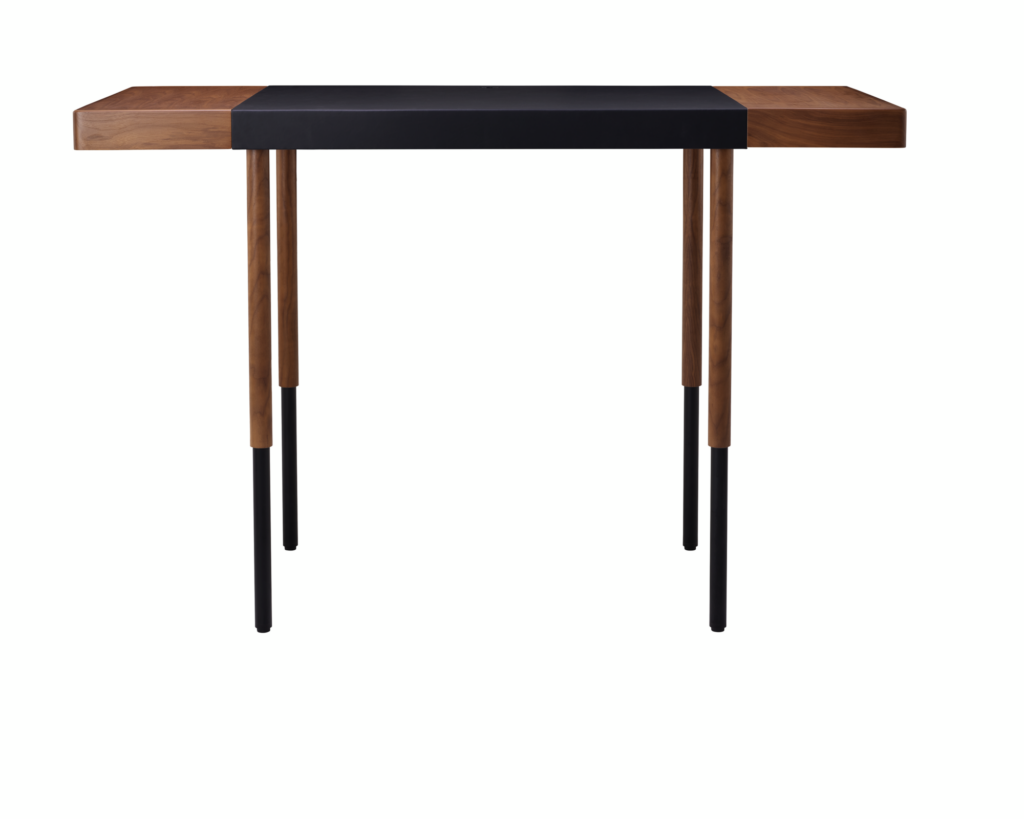 New Canaan Leatherwrap Sit-to-Stand Desk in Walnut and Black Leather, fully raised, front view.