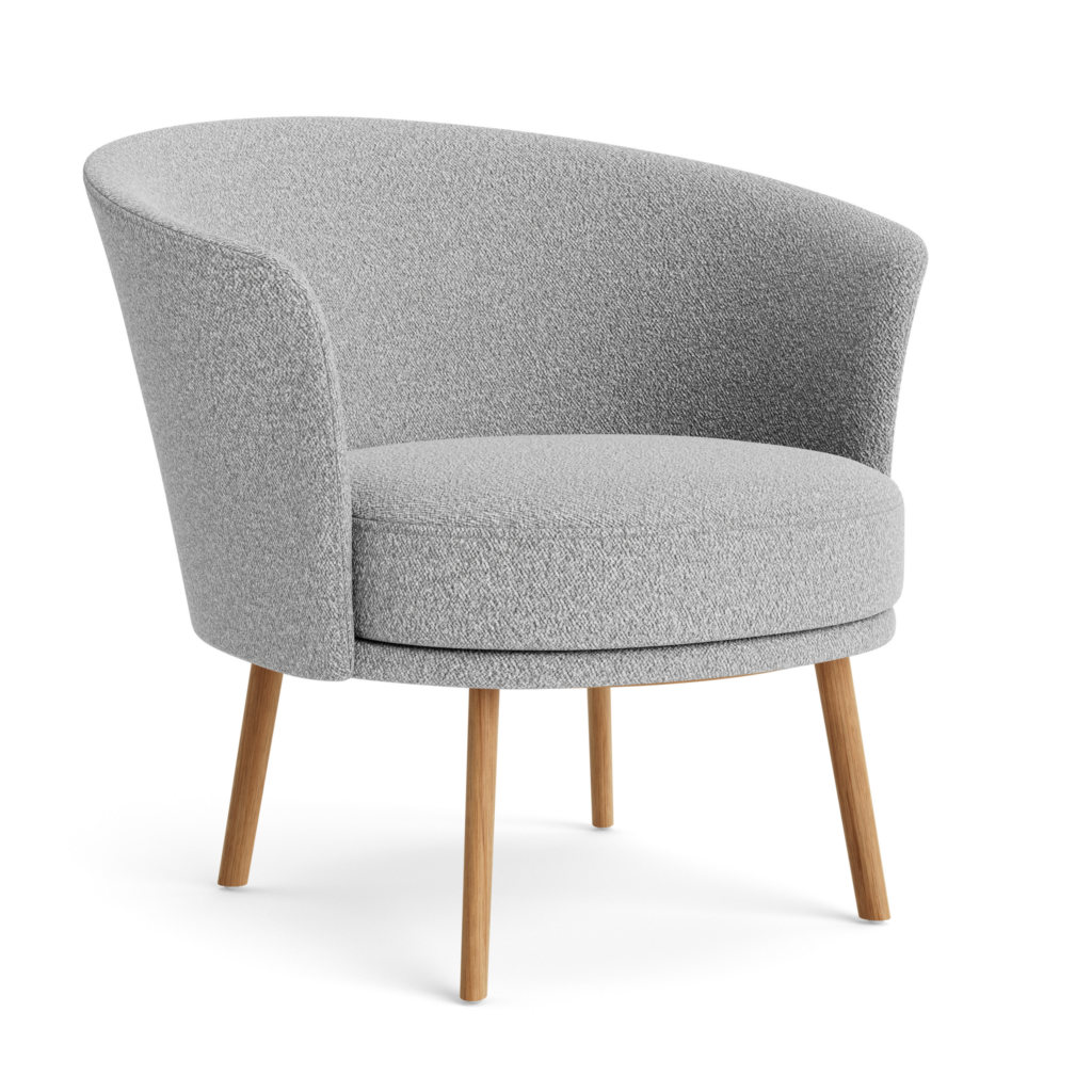 A front angle view of the Dorso Lounge Chair with grey seat and back, and oak legs.