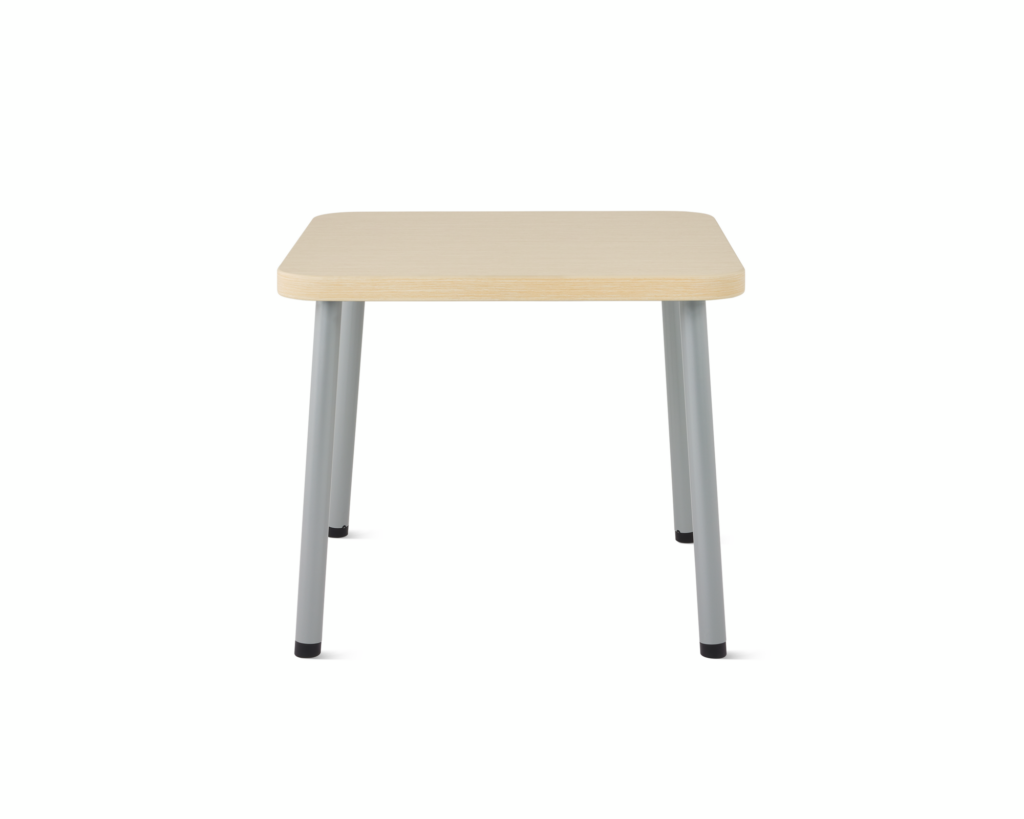 Front view of a square Valor side table with an ash wood laminate finish and silver legs.