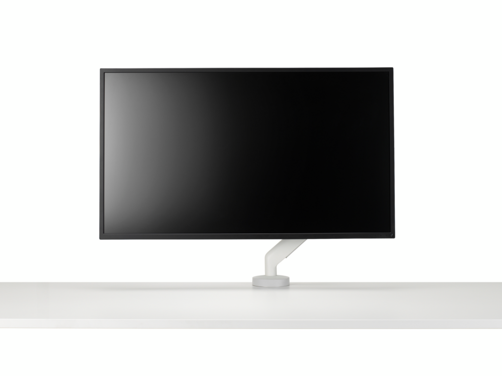 White single Flo X arm with a 43'' screen, viewed from the front