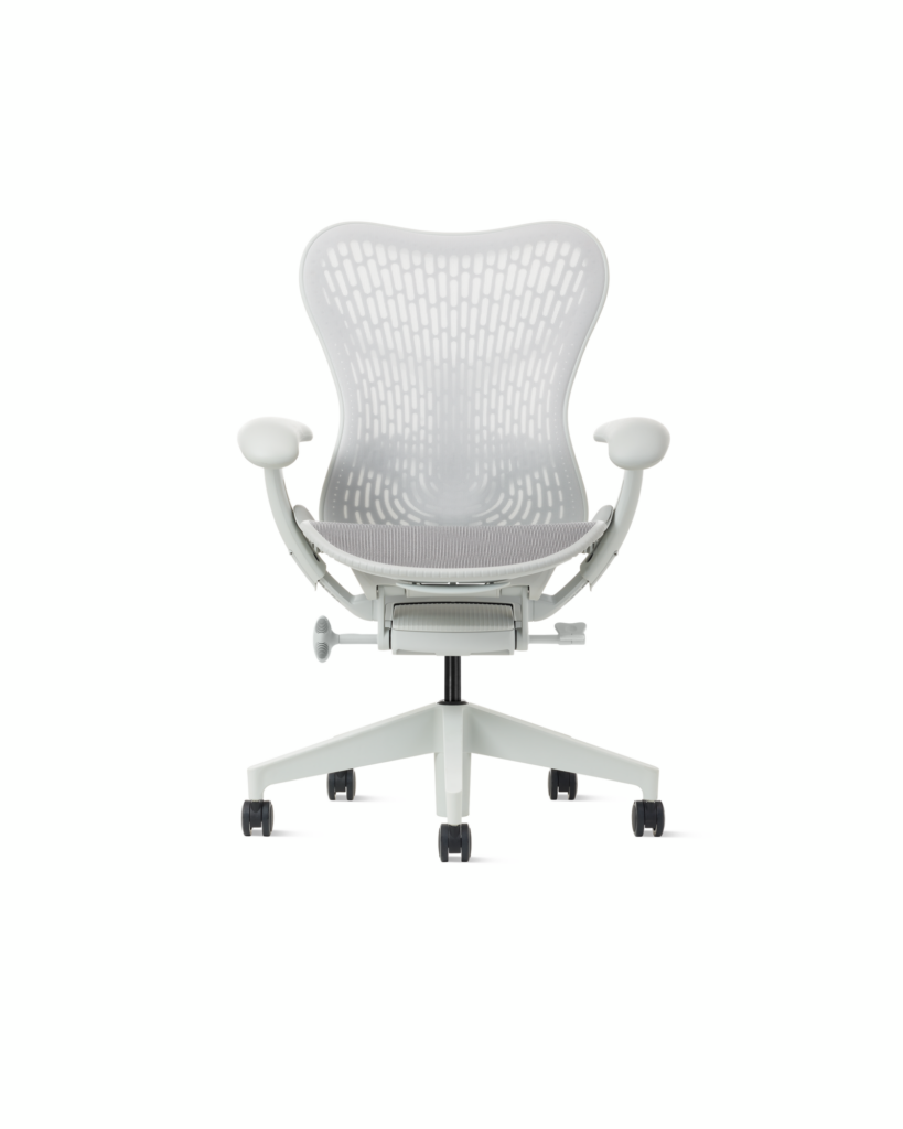 Front view of a Mirra 2 chair with a Butterfly back in alpine and a silver alloy base.