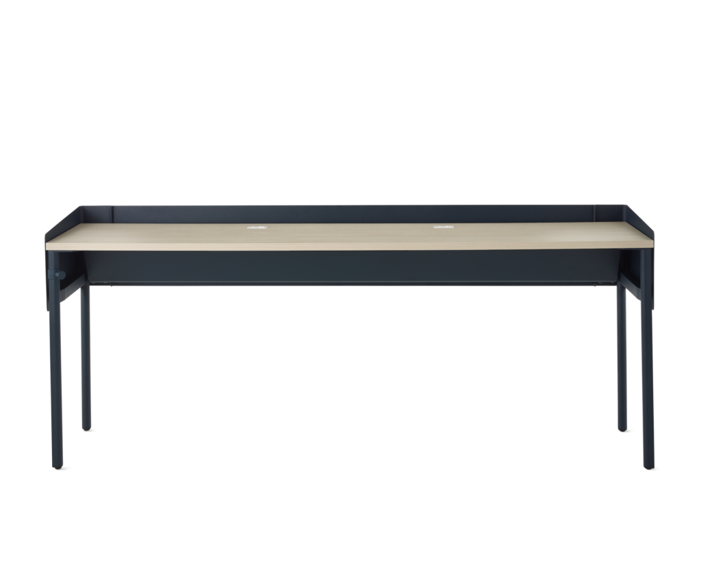 A single sided OE1 Communal Table with dark blue finish, and light brown surface viewed from the front.