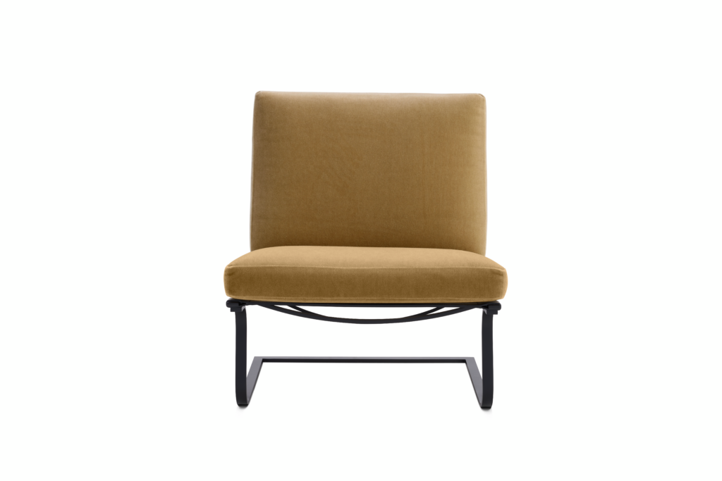 Tugendhat Chair in Knoll Velvet, Palomino with belting in Belting Leather, Tan and chrome frame
