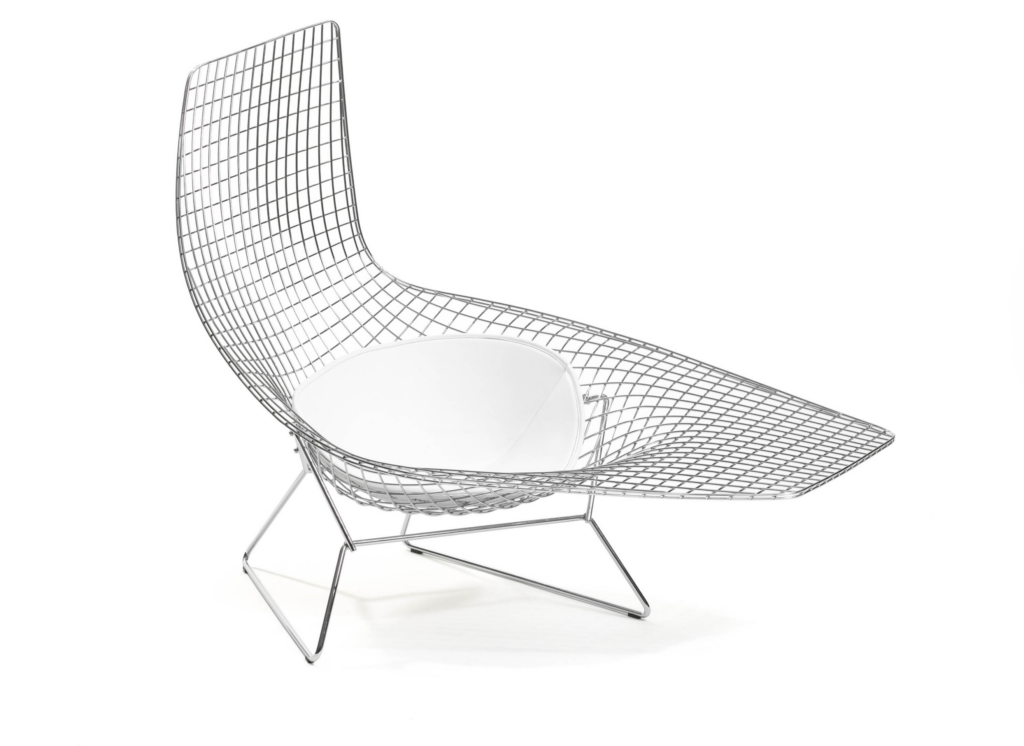 Bertoia, Asymmetric, Chaise, wire, frame, and, white, leather, seat, pad