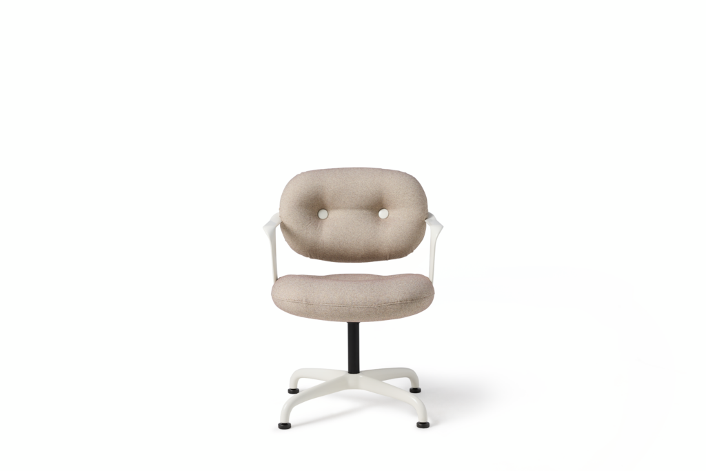 Front view of a Morrison Hannah side chair with a white base with arms and light brown upholstery.