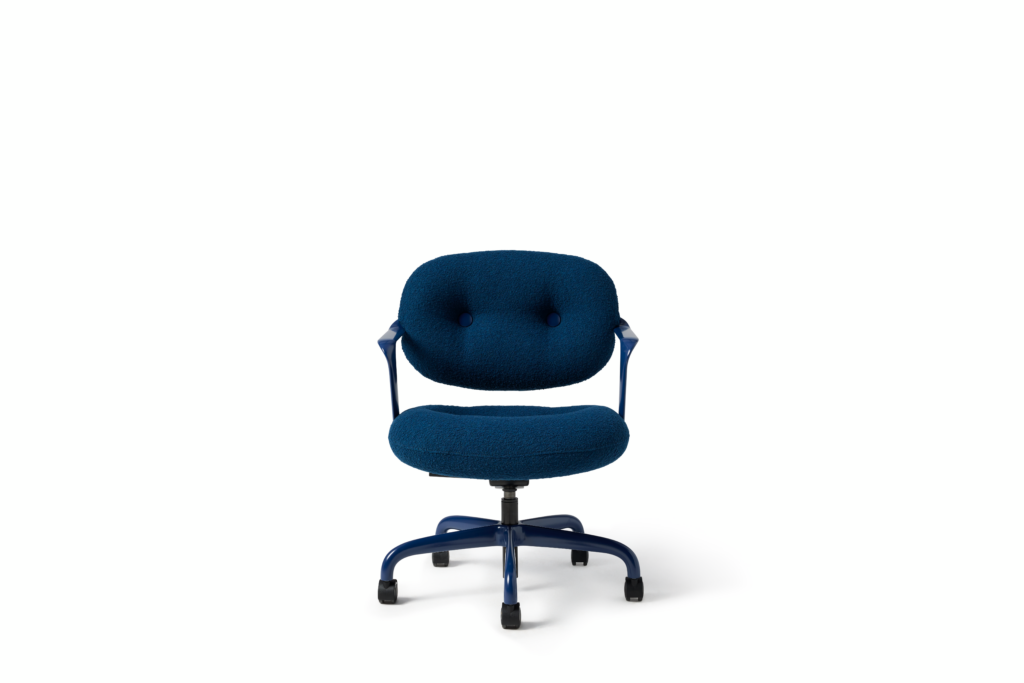 Front view of a Morrison Hannah chair with a blue frame and base with fixed arms and dark blue upholstery.