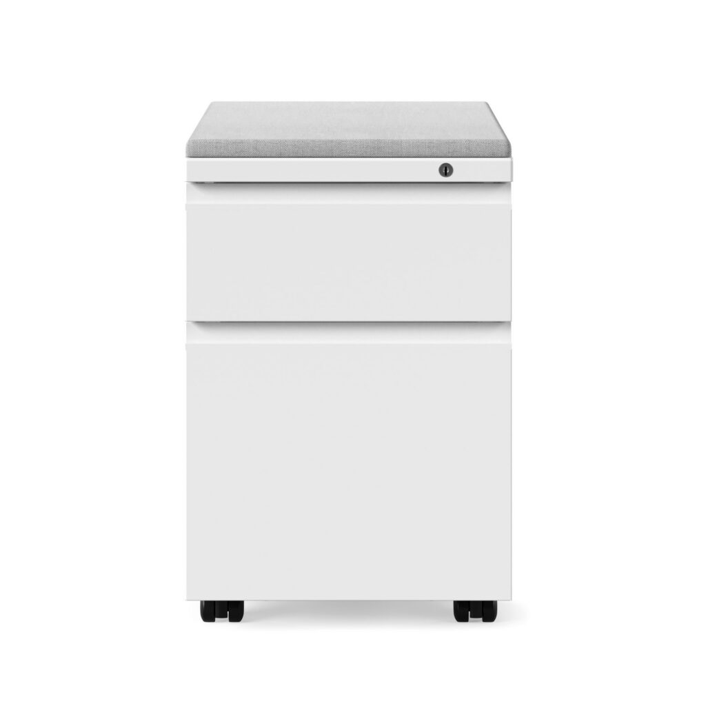 White Series 2 mobile pedestal storage with grey cushion top and black casters, viewed from the front.