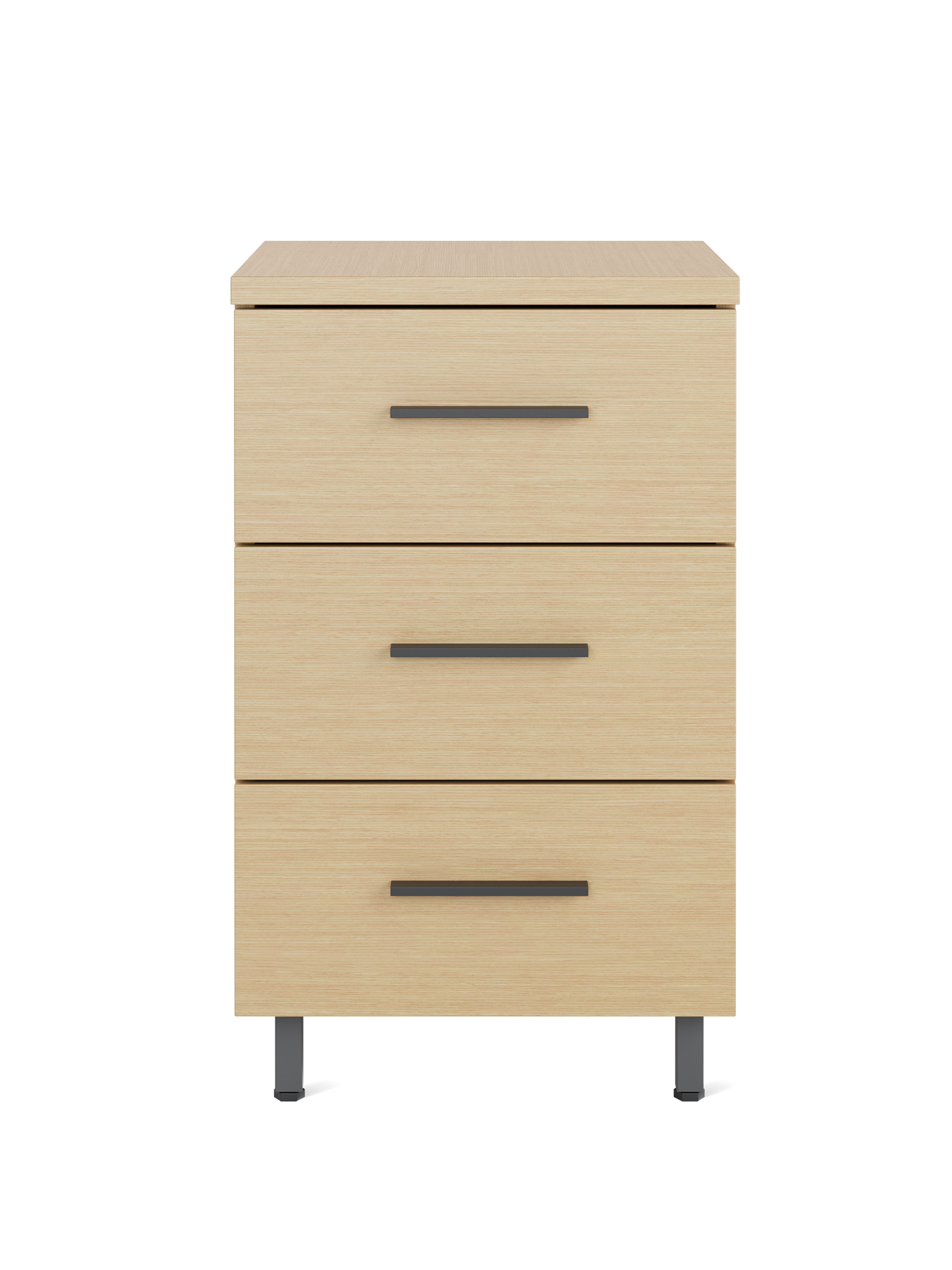 Front view of a single Nemschoff Bedside Cabinet in a oak on ash finish with three drawers, graphite bar pulls, and metal raised legs.