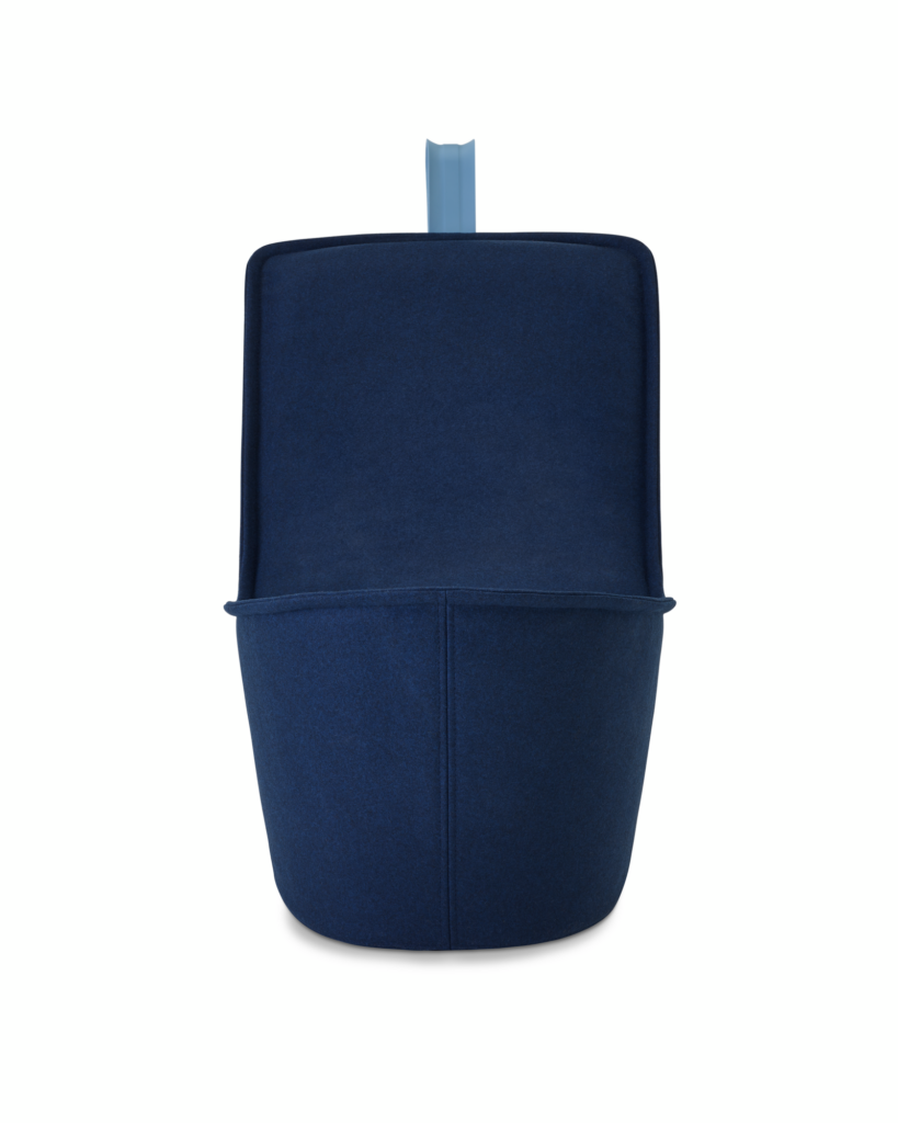 A dark blue lounge chair with pastel blue handle.