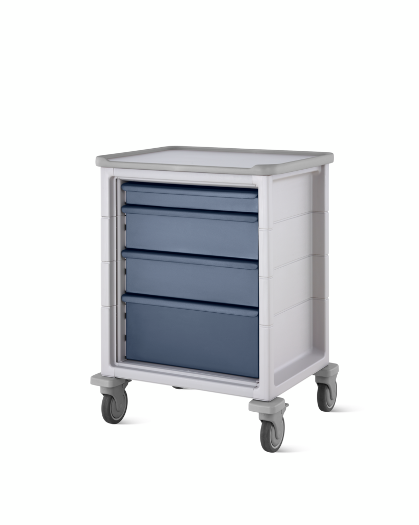 A mobile Procedure and Supply Cart in a light gray body and dark blue drawers.