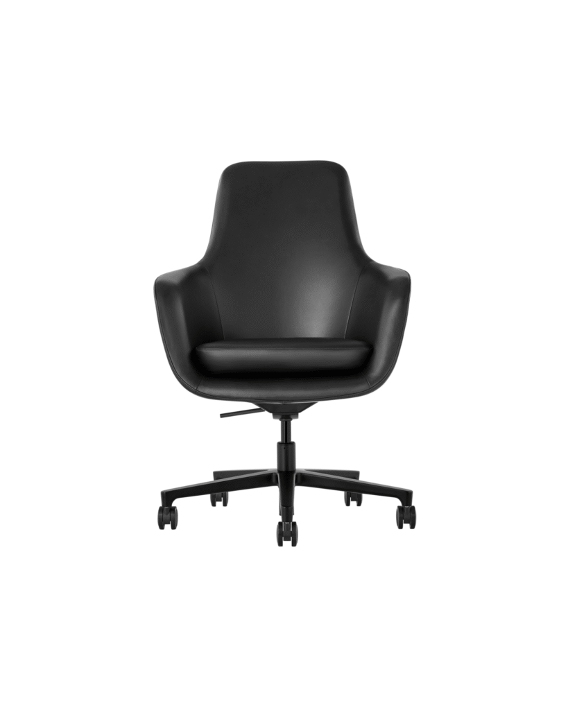 A high-back Saiba office chair with black leather upholstery and a five-star base, viewed from the front.