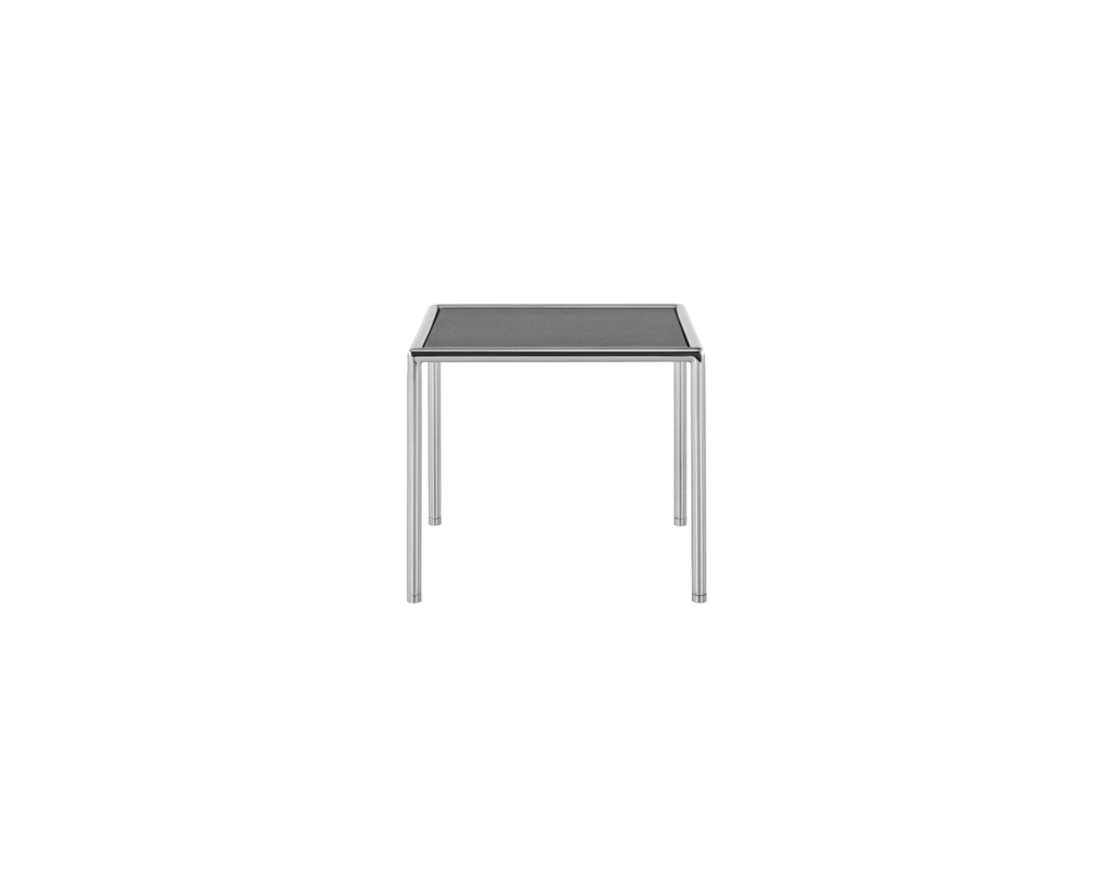 A square Full Round side table with a black wood top and tubular metal frame.