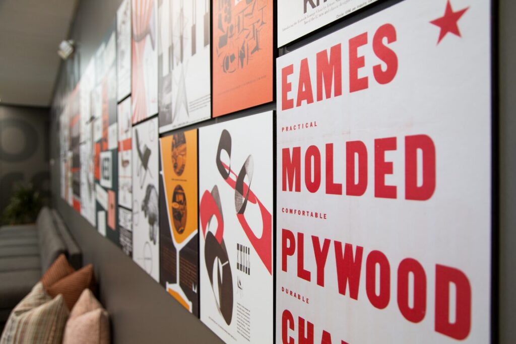 Eames Molded Plywood graphic wall in a lounge