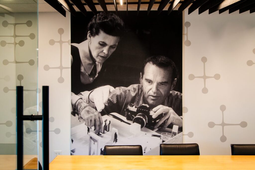 Large-scale historic photo mural in a conference room