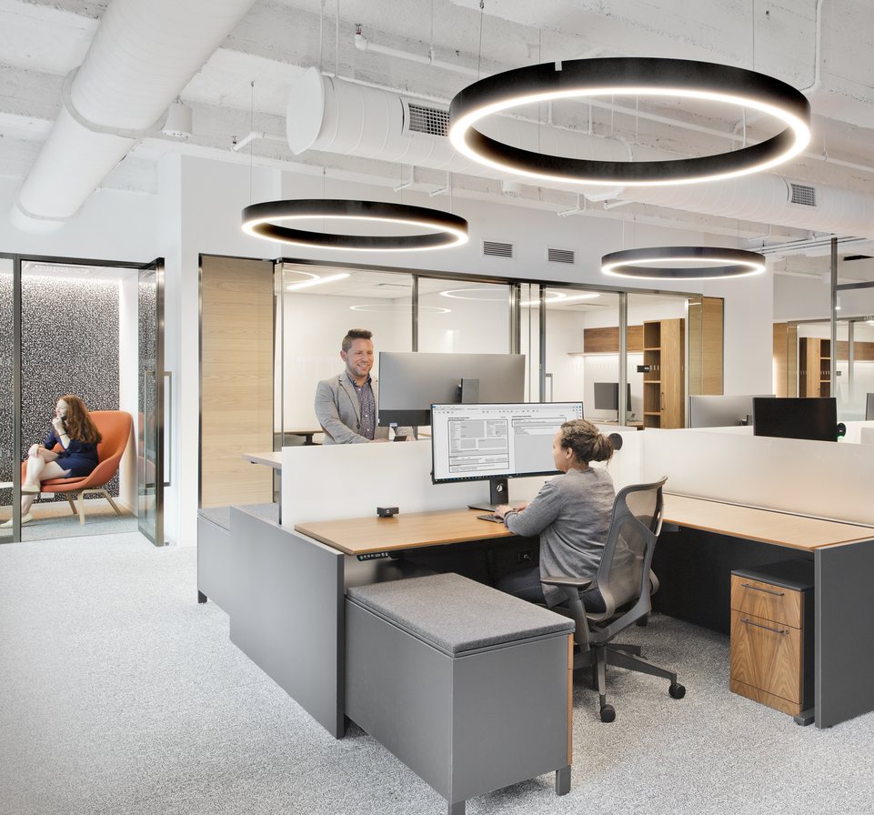 Open workstations under large ring pendants