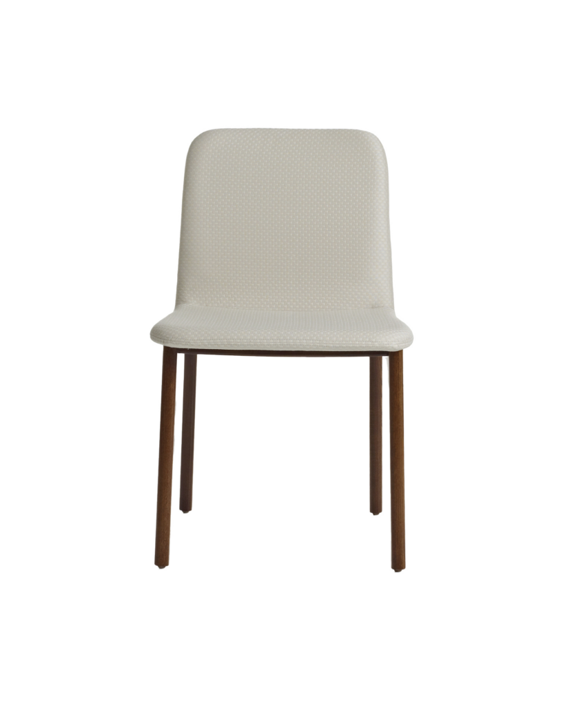 A Deft side chair with ivory-colored fabric, a wood frame in a medium finish, and no arms, viewed from the front.
