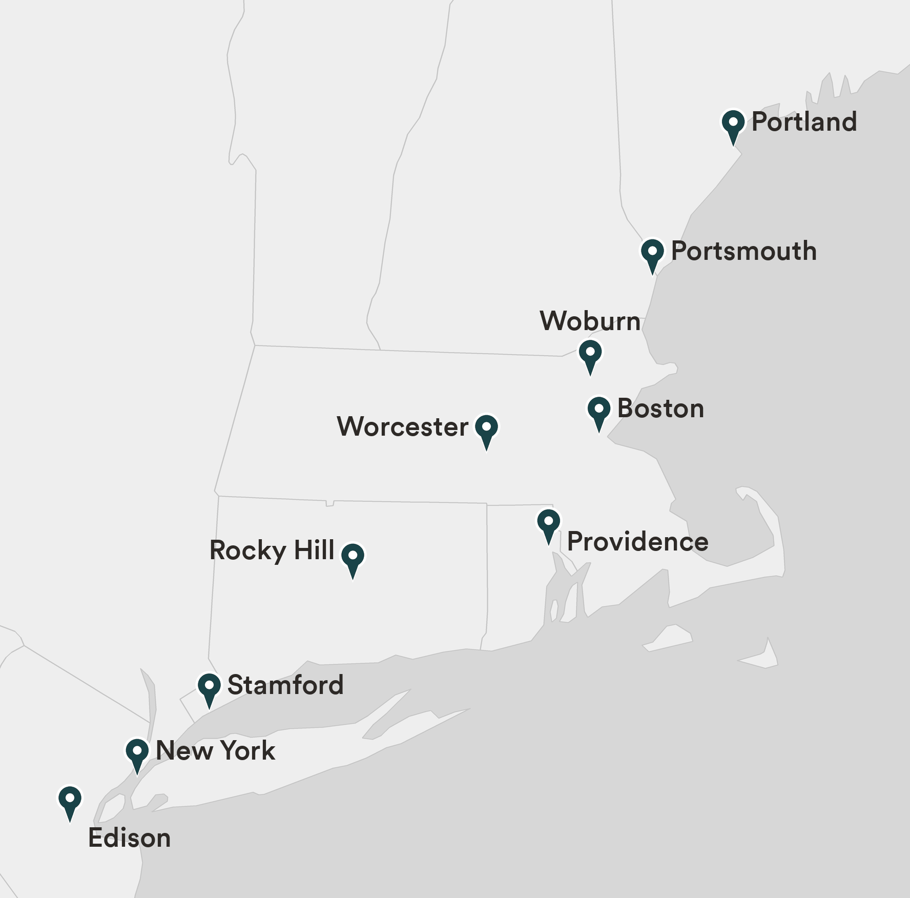 Detail map of the northeast with a pin at each of the ten Creative Office Resources locations there.