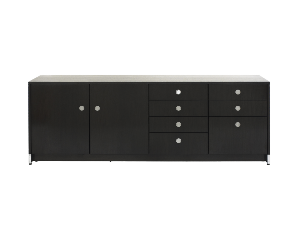 A four-unit Sled Base Storage credenza with a dark wood finish and a combination of hinged doors, box drawers, and file storage.