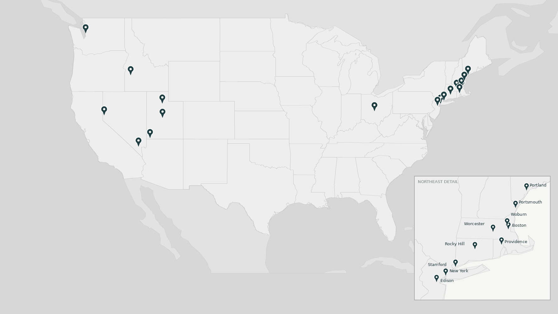 Map of the United States with a pin at each of the 18 Creative Office Resources locations.