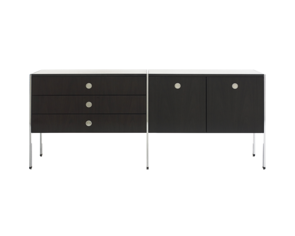 A two-unit H Frame Storage credenza with a dark wood finish and modules for box drawers and enclosed cabinets.
